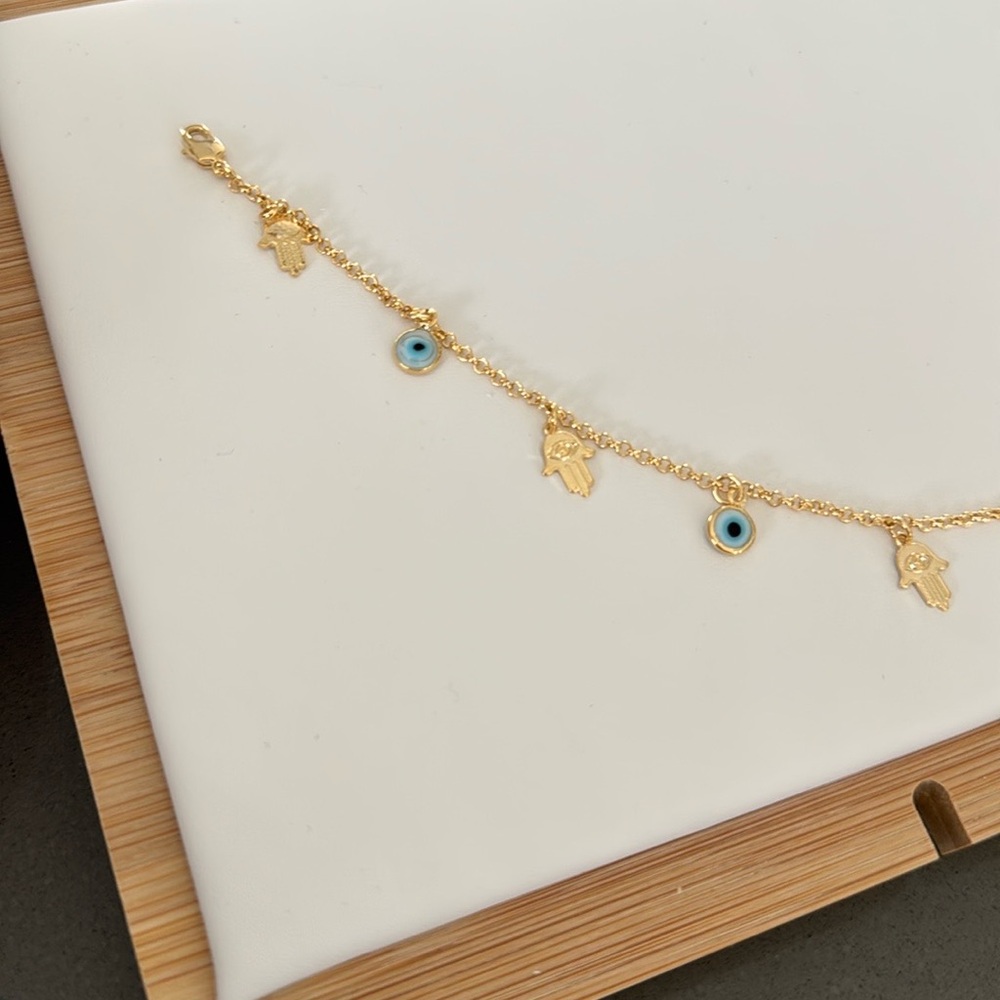 Gold and Blue Evil Eye/ hand Charm Anklet Bracelet - Picture 4 of 4